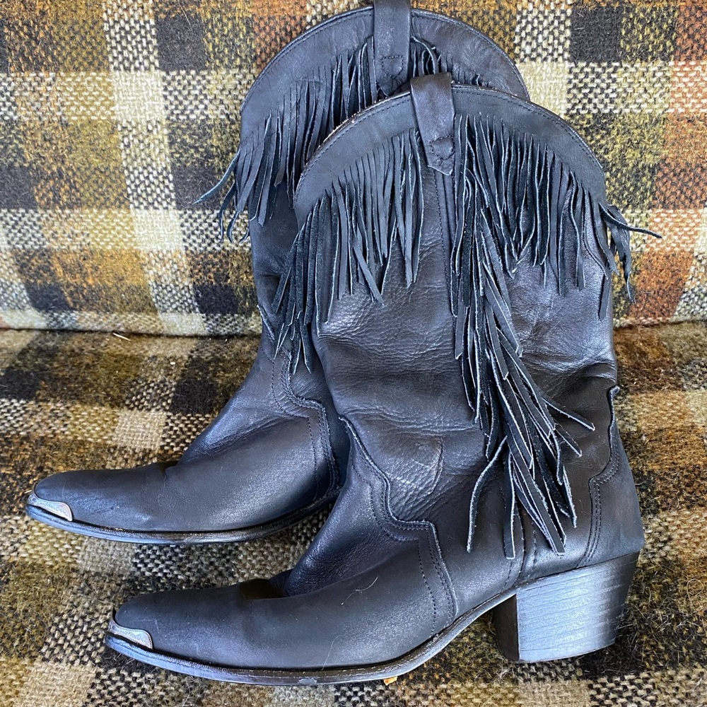 Vintage 70s country western Acme womens black suede fringe boots 7.5
